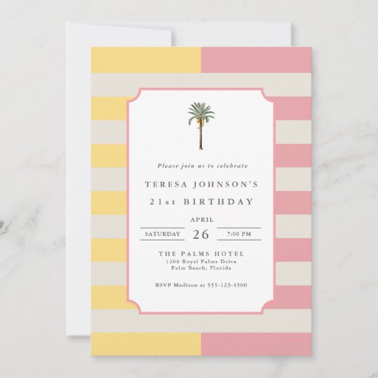 Palm Beach Pastel Stripe Tropical 21st Birthday Einladung (Vorderseite)