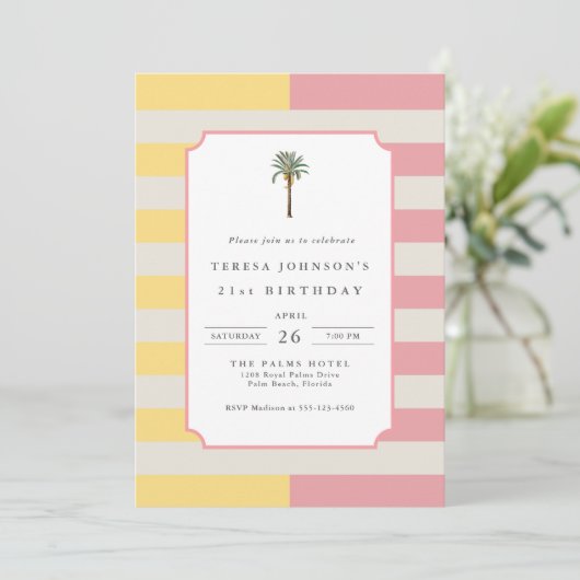 Palm Beach Pastel Stripe Tropical 21st Birthday Einladung (Stehend Vorderseite)