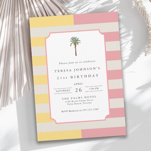 Palm Beach Pastel Stripe Tropical 21st Birthday Einladung
