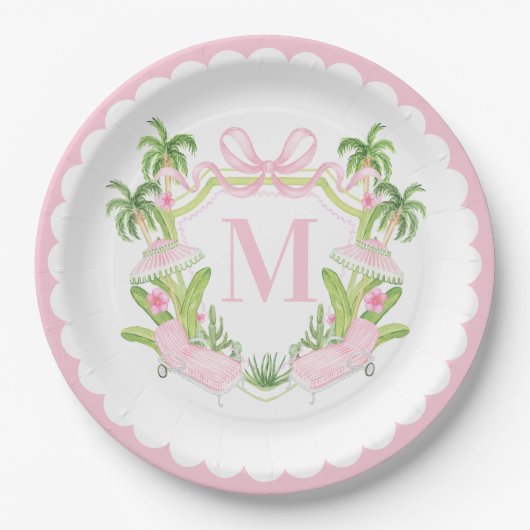 Palm Beach Pink Lounge-Möbel Monogramm-Wappen Pappteller (Vorderseite)