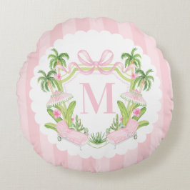 Palm Beach Pink Loungers Monogram Crest Rundes Kissen