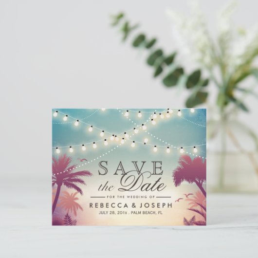 Palm Beach String Lights Hochzeitung Speichern Sie Ankündigungspostkarte (Stehend Vorderseite)