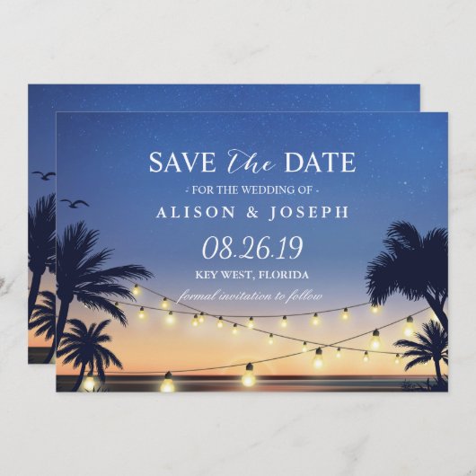 Palm Beach Sunset String Lights Save the Date (Vorne/Hinten)