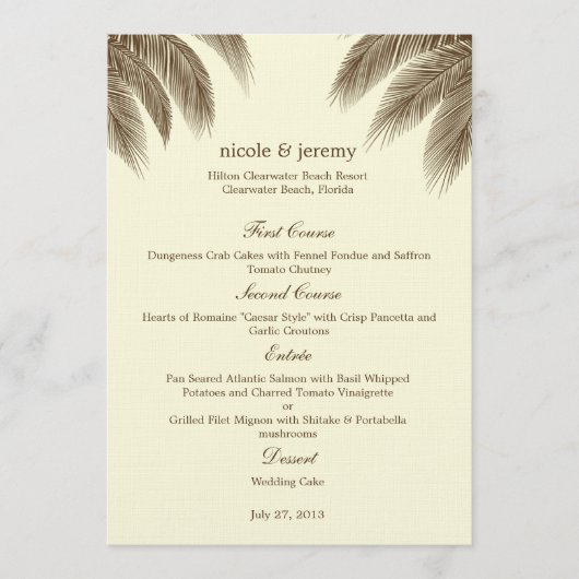 Palm Beach Wedding Menu Card - Brown Menükarte (Vorderseite)