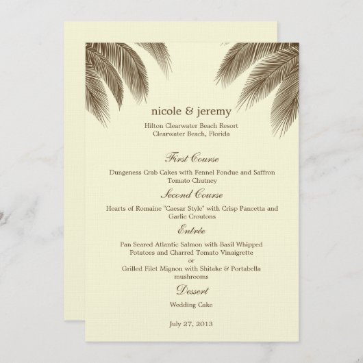 Palm Beach Wedding Menu Card - Brown Menükarte (Vorne/Hinten)