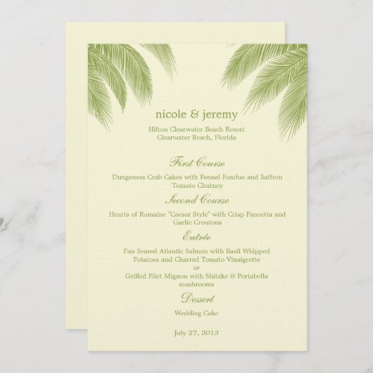Palm Beach Wedding Menu Card - Green Menükarte (Vorne/Hinten)