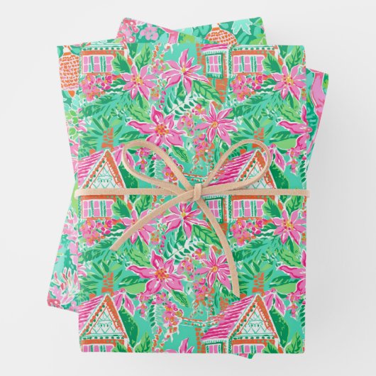 Palm Beach Weihnachten Farbe Rosa & Grün Geschenkpapier Set (Beispiel)