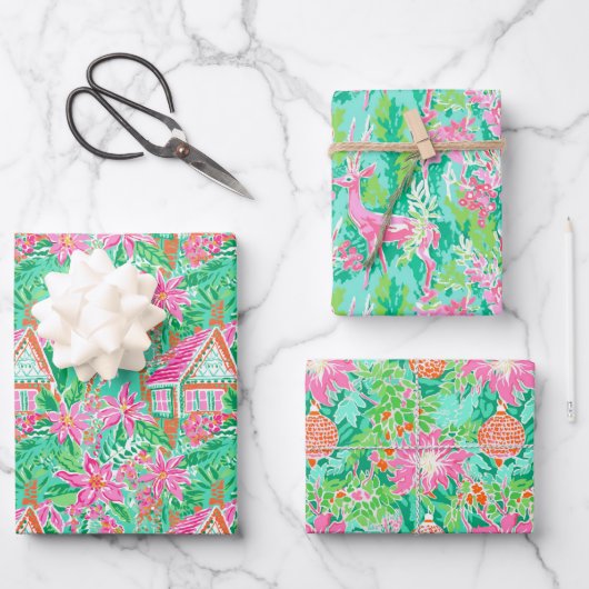 Palm Beach Weihnachten Farbe Rosa & Grün Geschenkpapier Set (Vorderseite)
