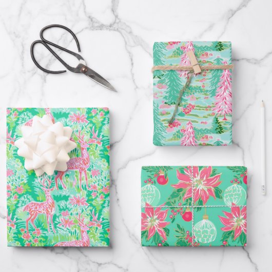 Palm Beach Weihnachten Farbe Rosa & Grün Geschenkpapier Set (Vorderseite)