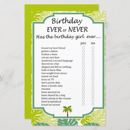 Palm Birthday jemals oder nie Spiel (Vorne/Hinten)