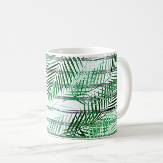 Palm Blätter auf einem schwarz-weiß gestreiften Hi Kaffeetasse (VorderseiteRechts)