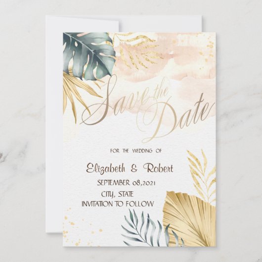 Palm Blätter Beach Wedding Save the Date (Vorderseite)