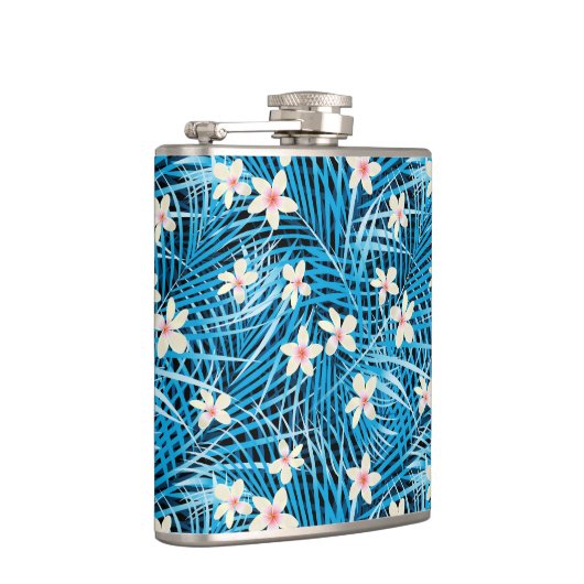 Palm Blätter Blaues Muster Flachmann (Rechts)