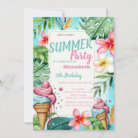 Palm Blätter Blume, Eiscreme Geburtstag Einladung (Vorderseite)