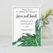 Palm Blätter Dschungelwaldwald Hochzeit Einladung (Stehend Vorderseite)