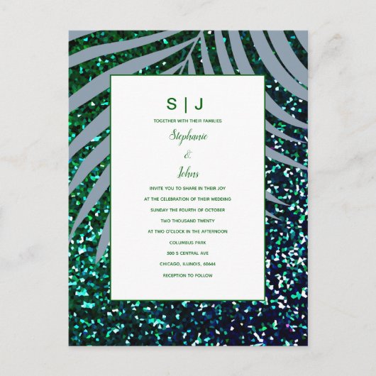 Palm Blätter Dusty Blue Green Glitzer Wedding Einladungspostkarte (Vorderseite)