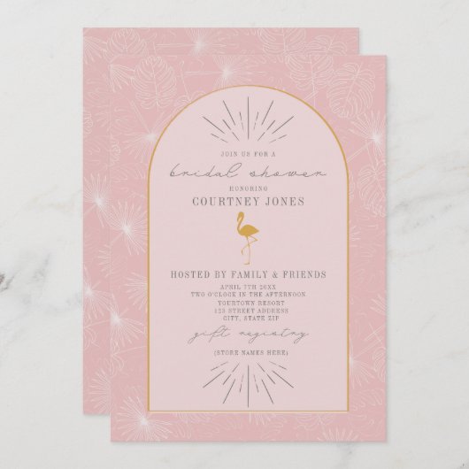Palm Blätter Flamingo Rosa Gelbes Brautparty Einladung (Vorne/Hinten)
