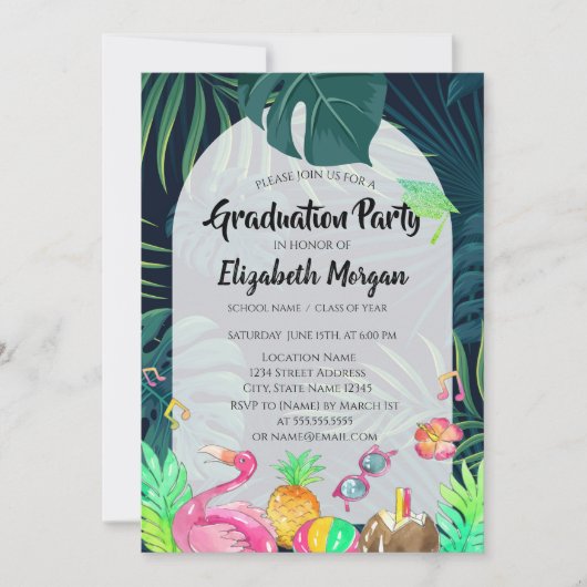 Palm Blätter Glitzer Grad Cap, Abschluss Einladung (Vorderseite)