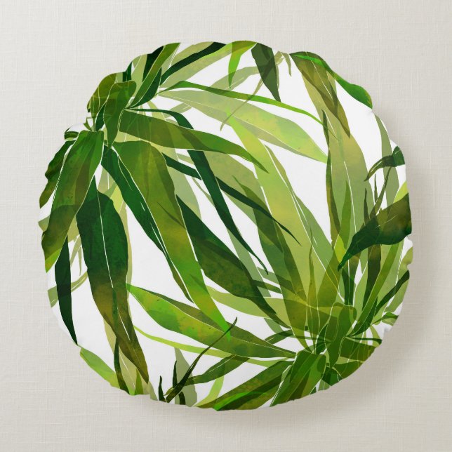 Palm-Blätter Handgemalte Muster Rundes Kissen (Vorderseite)