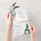 Palm Blätter Hibisken Tropical Geometric Wedding All In One Einladung (Abreißen)