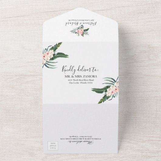 Palm Blätter Hibiskus Tropical Elegante Hochzeit All In One Einladung (Außenbereich)