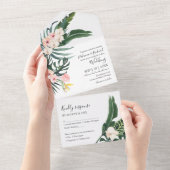 Palm Blätter Hibiskus Tropical Elegante Hochzeit All In One Einladung (Abreißen)