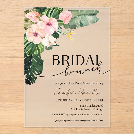Palm Blätter Hibiskus Tropical Floral Bridal Brunc Acryleinladungen (Vorderseite)