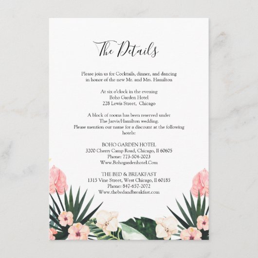 Palm Blätter Hibiskus Tropische Hochzeiten Details Begleitkarte (Vorderseite)