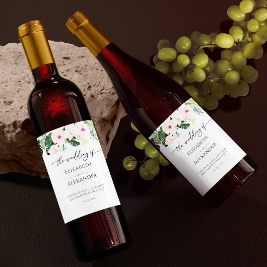 Palm Blätter Hibiskus Tropisches Hochzeitsoßenwein Weinetikett