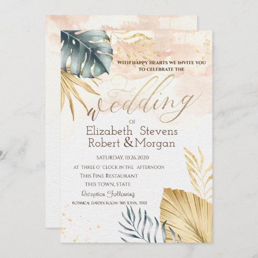 Palm Blätter Hochzeit am Strand Einladung (Vorne/Hinten)