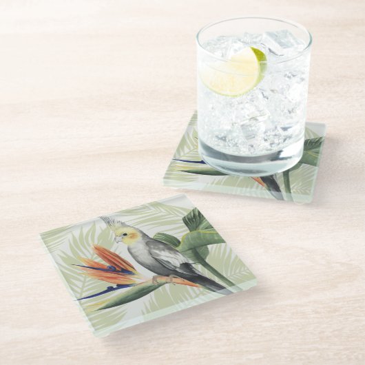 Palm Blätter mit Black Bird Glasuntersetzer (Schrägansicht)