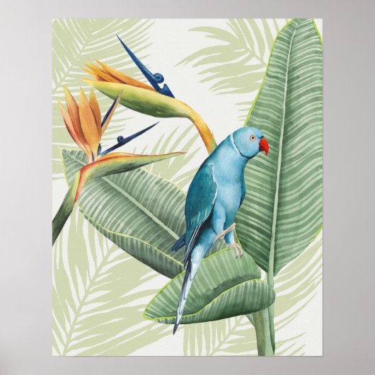 Palm-Blätter mit Blauem Vogel Poster (Vorne)