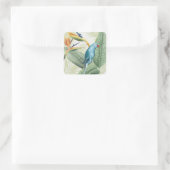 Palm-Blätter mit Blauem Vogel Quadratischer Aufkleber (Tasche)