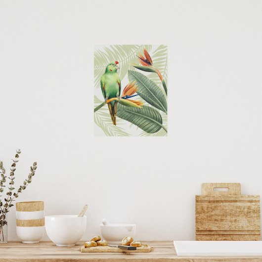 Palm-Blätter mit grünem Vogel Poster (Küche)