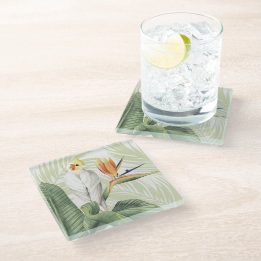 Palm-Blätter mit weißem Vogel Glasuntersetzer (Schrägansicht)