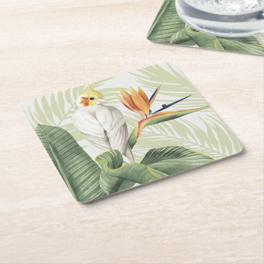 Palm-Blätter mit weißem Vogel Rechteckiger Pappuntersetzer (angewinkelt)