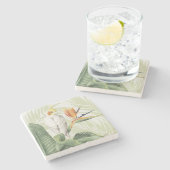 Palm-Blätter mit weißem Vogel Steinuntersetzer (Seitenansicht)