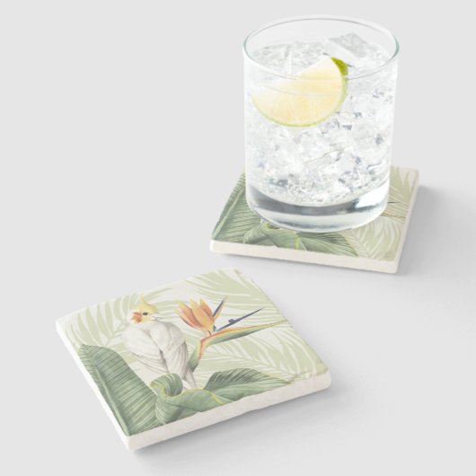 Palm-Blätter mit weißem Vogel Steinuntersetzer (Seitenansicht)