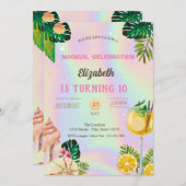 Palm Blätter Muscheln Cocktail Holographic Geburts Einladung (Vorne/Hinten)
