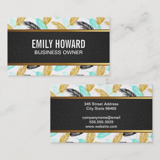 Palm-Blätter | Natürlich | Black Leather Gold Tria Visitenkarte (Vorne/Hinten)