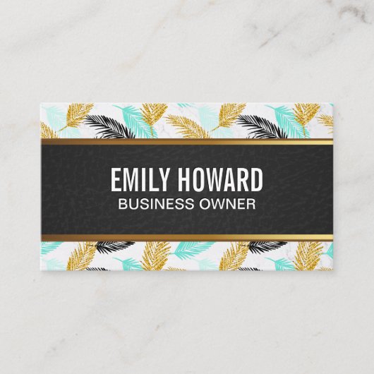Palm-Blätter | Natürlich | Black Leather Gold Tria Visitenkarte (Vorderseite)