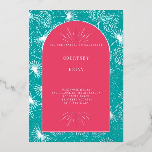 Palm Blätter Pink + Blue Beach Wedding Folieneinladung (Vorderseite)