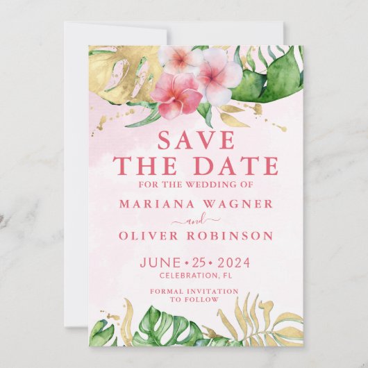 Palm Blätter Rosa Gold Save the Date Einladung (Vorderseite)