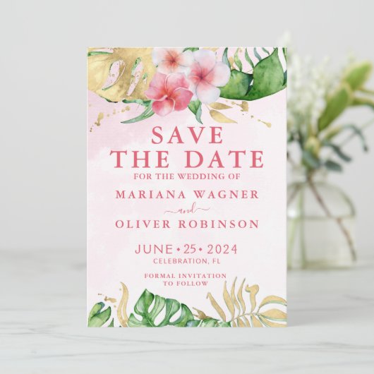 Palm Blätter Rosa Gold Save the Date Einladung (Stehend Vorderseite)