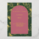 Palm Blätter Rosa + Grüner Strand Hochzeit Folieneinladung (Vorderseite)