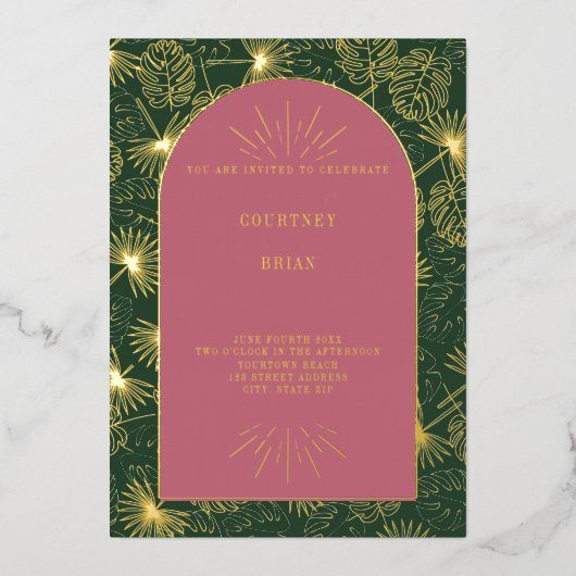 Palm Blätter Rosa + Grüner Strand Hochzeit Folieneinladung (Vorderseite)