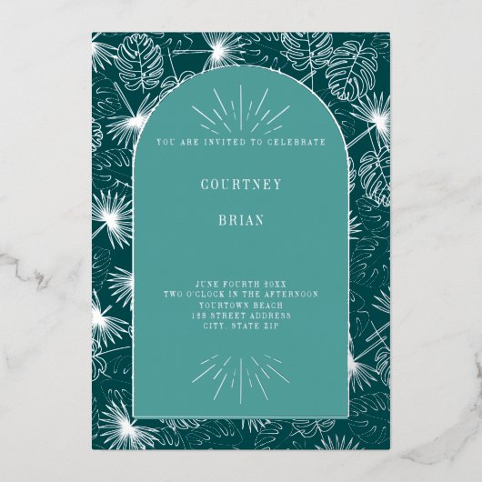 Palm Blätter Seashell Aquamariner tropischer Stran Folieneinladung (Vorderseite)