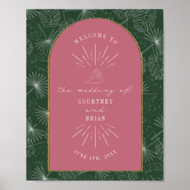 Palm Blätter Seashell Pink Green Wedding Willkomme Poster