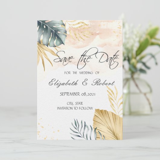 Palm Blätter Strand Save the Date (Stehend Vorderseite)