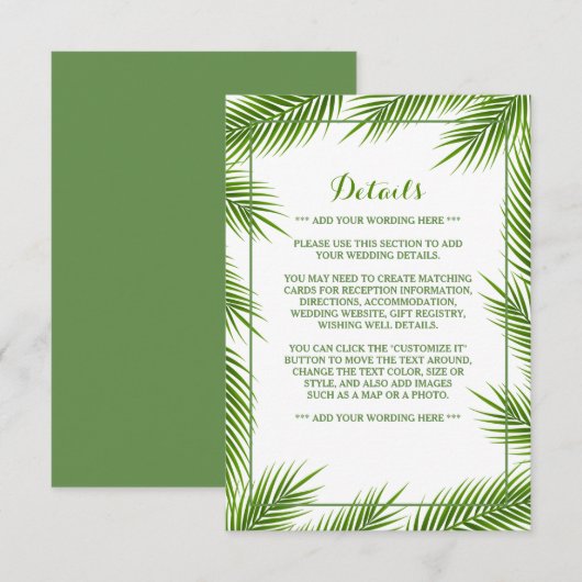 Palm Blätter Tropical Beach Hochzeit Detail Begleitkarte (Vorne/Hinten)
